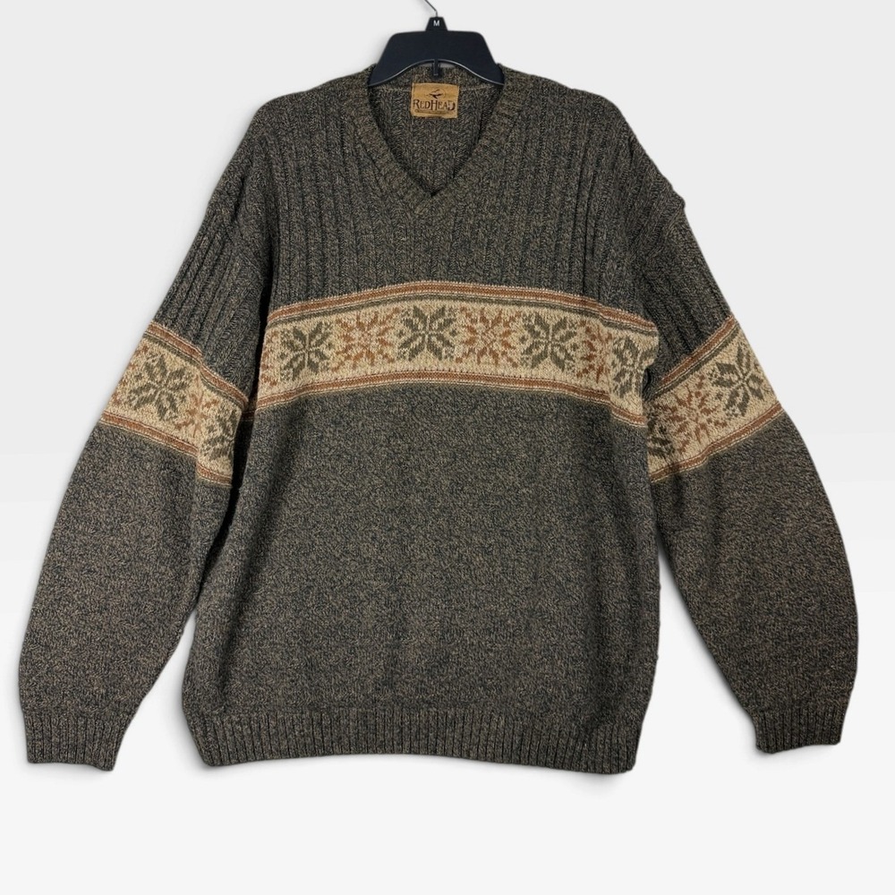 RedHead V-Neck Sweater Nordic Fair Isle Mens L Gray Cotton Blend USA Excellent